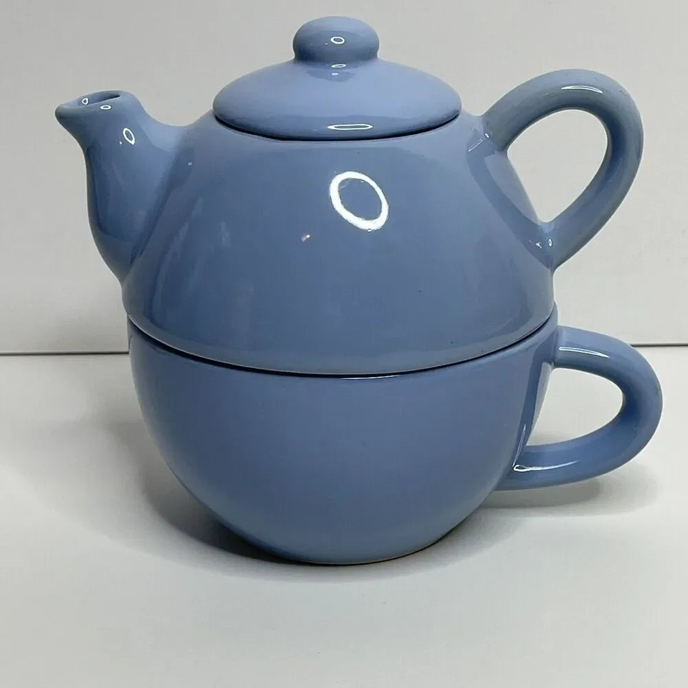 Pier 1 Imports Stoneware Blue Stack-able Teapot & Cup OR‎ Creamer & Sugar